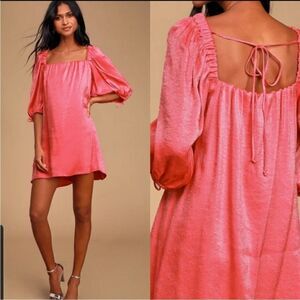 Free People Mara Shimmer Puff‎ Sleeves Dress Hot Pink - size small
